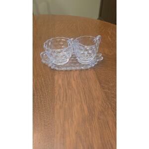 Vintage Fostoria Clear Pressed Glass Creamer Sugar Set Tray Diamond Cubist 3pc